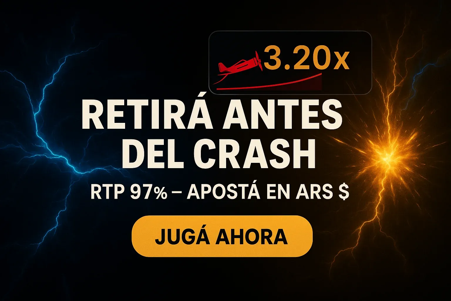 Banner publicitario de casino Aviator con fondo oscuro, energía azul y dorada
