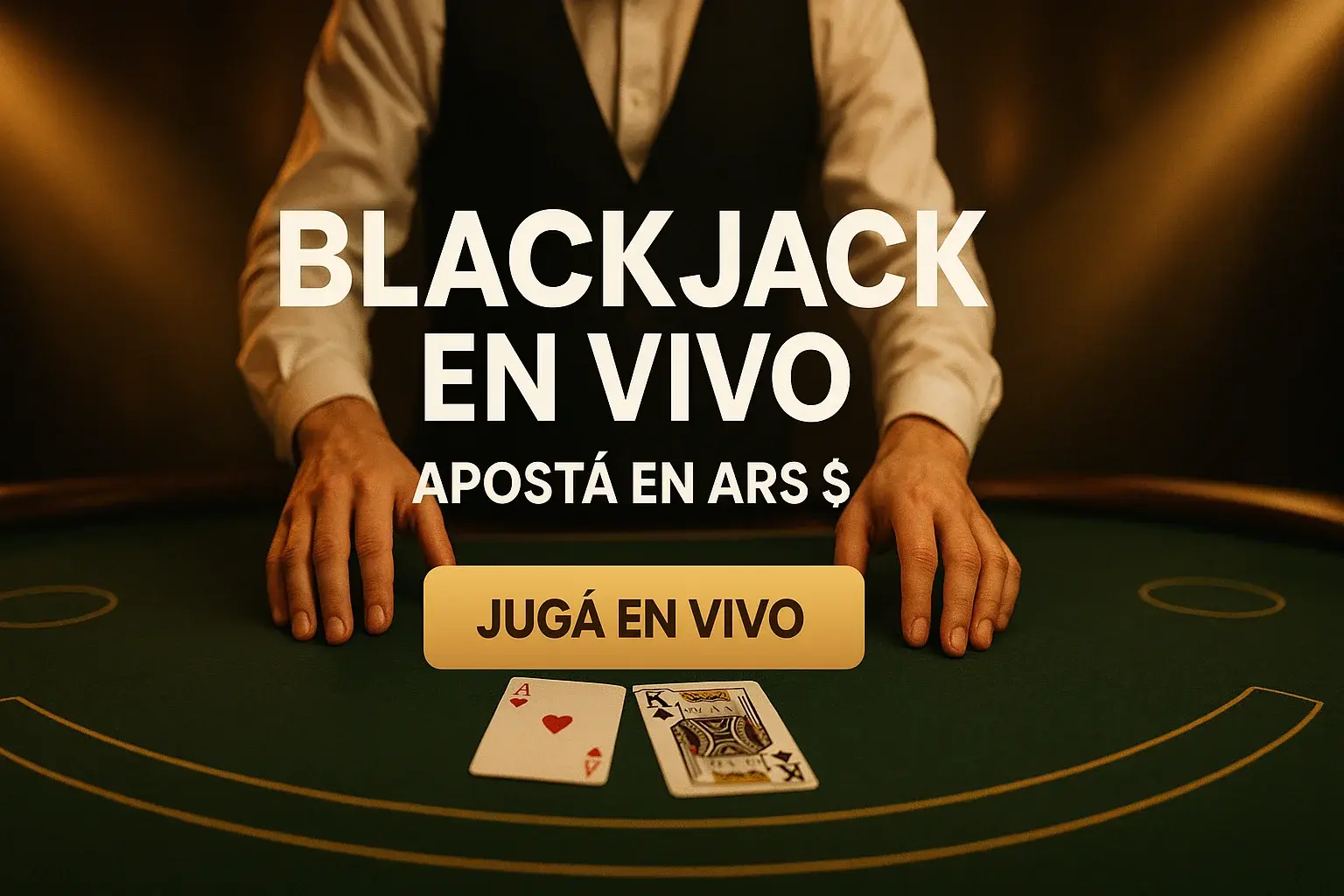 Banner de casino en vivo con blackjack, luces doradas y botón CTA
