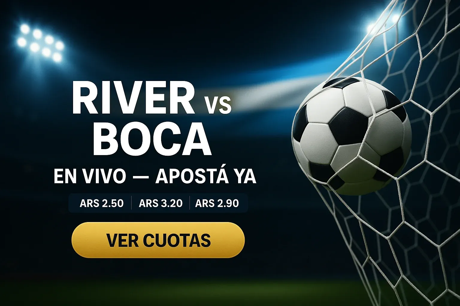 Banner de casino en español con fútbol, luces de estadio y colores argentinos