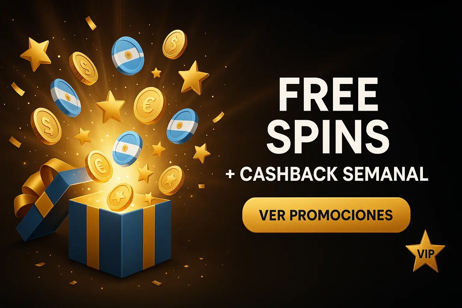 Banner de casino con caja regalo, monedas, FREE SPINS y cashback semanal