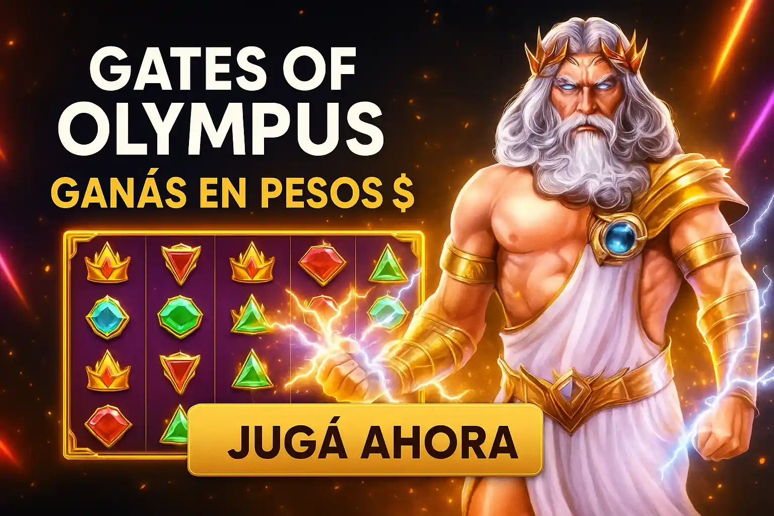 Banner de casino en español con tragamonedas estilo Zeus, neón y botón Jugá Ahora